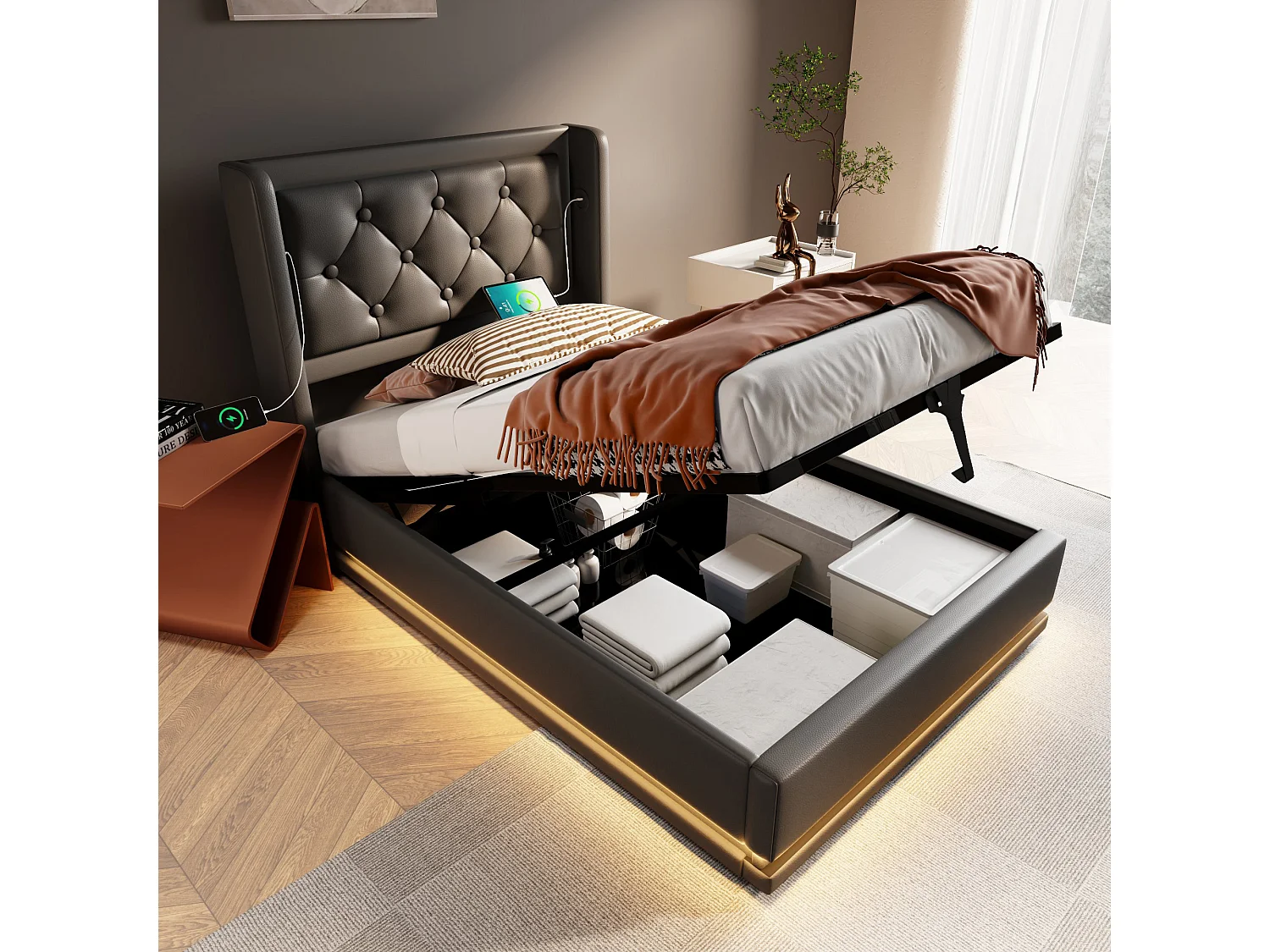 Lit Coffre 210x100x100.5 cm avec LED USB Espace de rangement Matelas Sommier à lattes en bois en noir pour enfants et adolescents