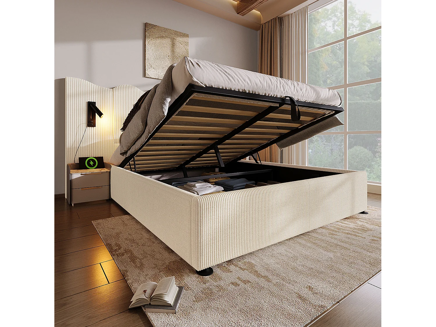 Lit Coffre 215X232X111 cm avec USB LED Espace de rangement Sommier à lattes en bois en beige pour adultes et enfants et adolescents
