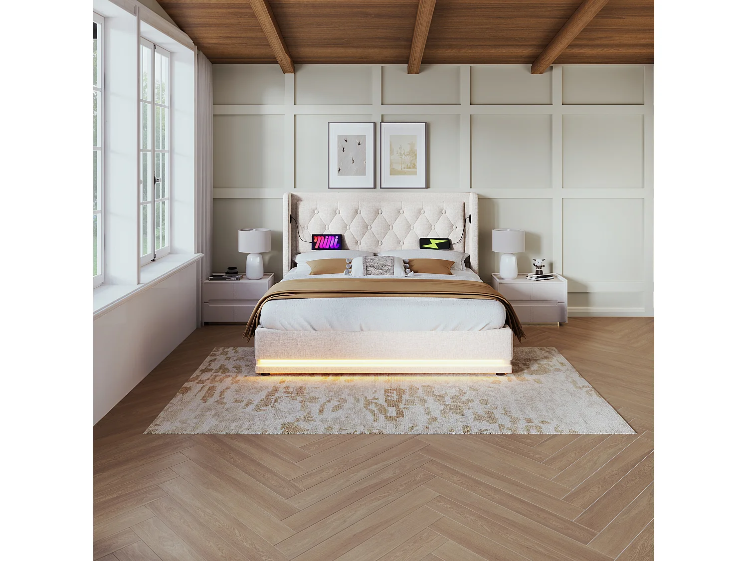 Lit Coffre 210x150x100.5 cm avec LED USB Espace de rangement Matelas Sommier à lattes en bois en beige pour adultes et enfants et adolescents