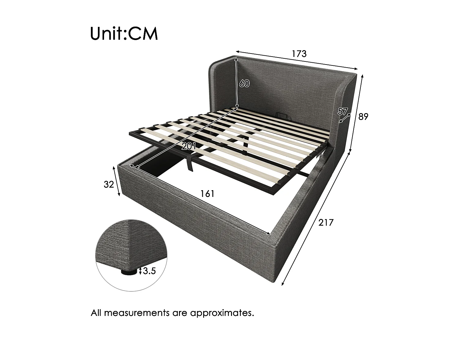 Opbergbed 217x173x89 cm met afneembare hoes, opbergruimte en grijze houten lattenbodem voor volwassenen, kinderen en tieners