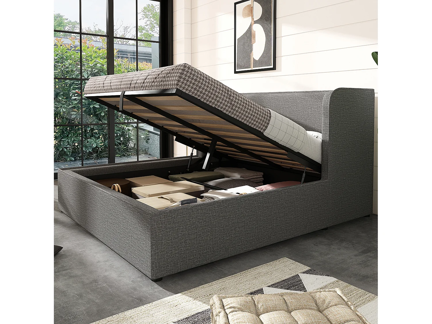 Opbergbed 217x173x89 cm met afneembare hoes, opbergruimte en grijze houten lattenbodem voor volwassenen, kinderen en tieners