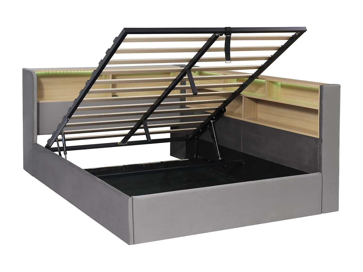 Lit coffre 140x200cm avec LED Port USB et dossier tissu de velours en gris pour enfants et adultes (sans matelas)