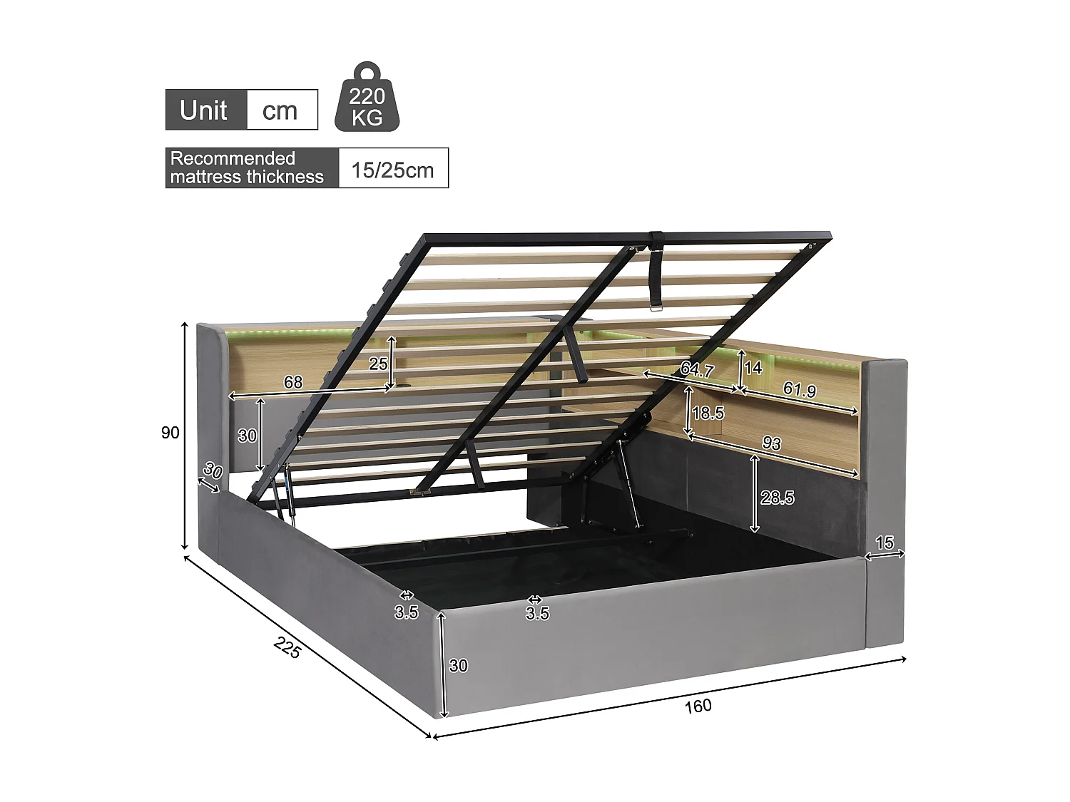Lit coffre 140x200cm avec LED Port USB et dossier tissu de velours en gris pour enfants et adultes (sans matelas)