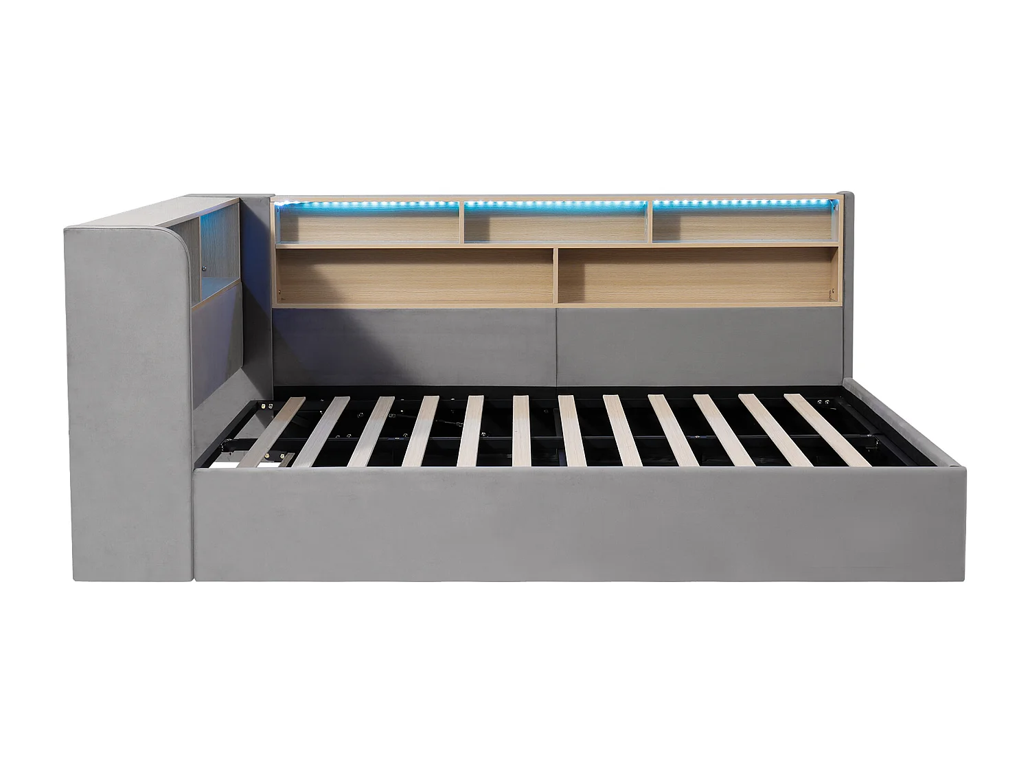 Lit coffre 140x200cm avec LED Port USB et dossier tissu de velours en gris pour enfants et adultes (sans matelas)