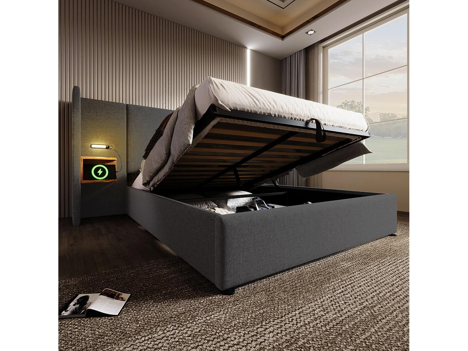 Lit Coffre 213X232X104 cm avec LED USB Espace de rangement Sommier à lattes en bois en gris pour adultes et enfants et adolescents