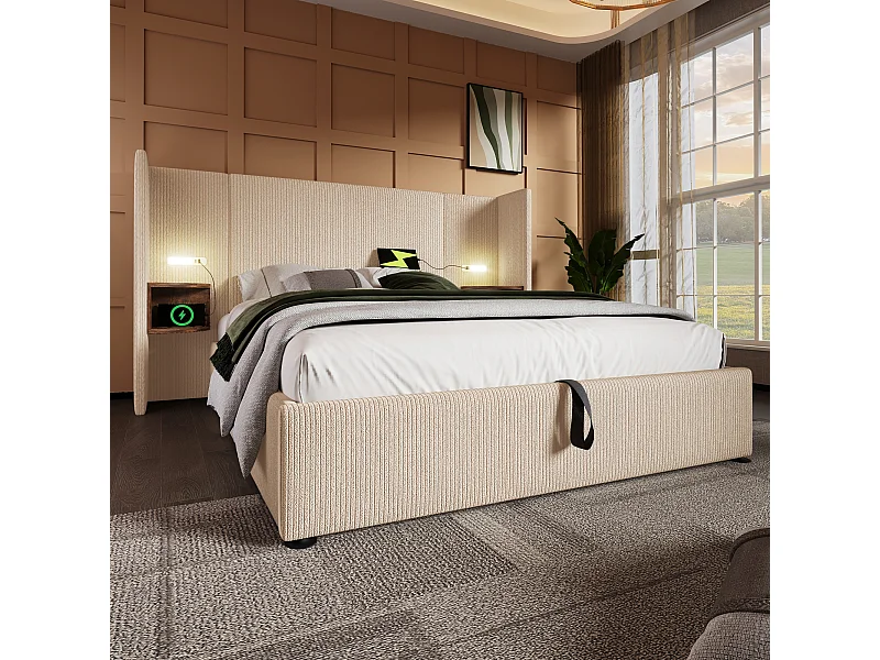 Lit Coffre 213X232X104 cm avec LED USB Espace de rangement Sommier à lattes en bois en beige pour adultes et enfants et adolescents
