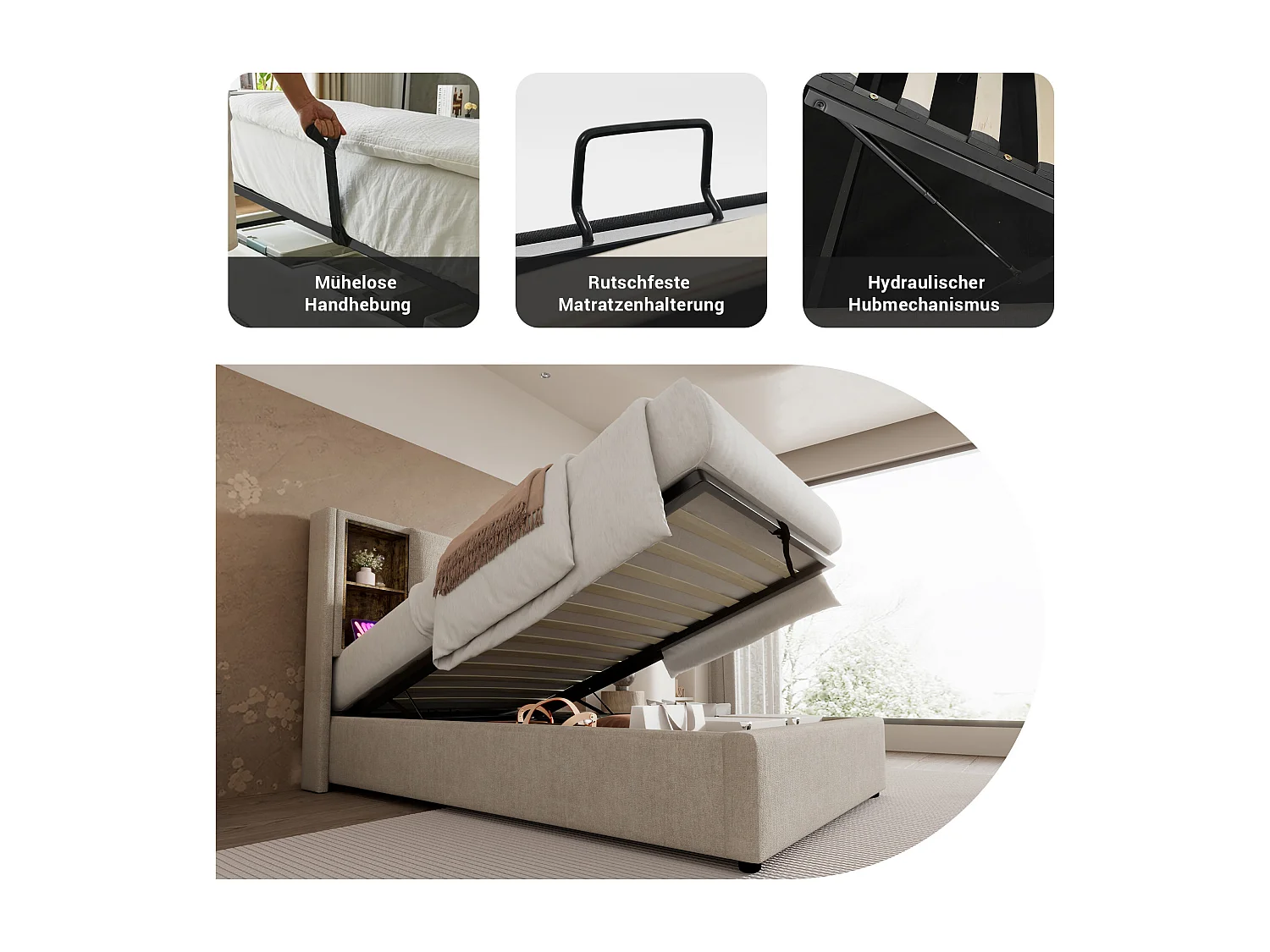 Lit double 206x95x100.5 cm avec USB espace de rangement matelas Couleur naturelle pour enfants et adultes et adolescents