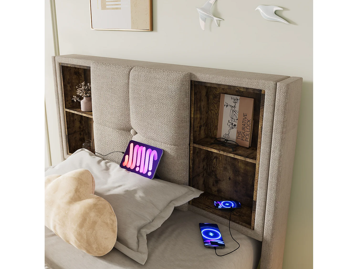 Lit double 206x95x100.5 cm avec USB espace de rangement matelas Couleur naturelle pour enfants et adultes et adolescents