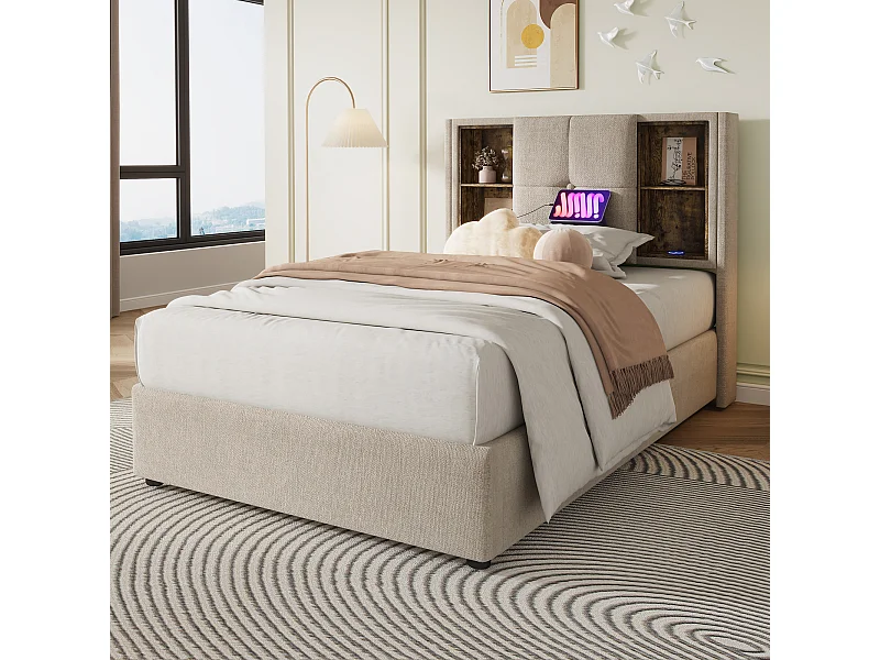 Lit double 206x95x100.5 cm avec USB espace de rangement matelas Couleur naturelle pour enfants et adultes et adolescents