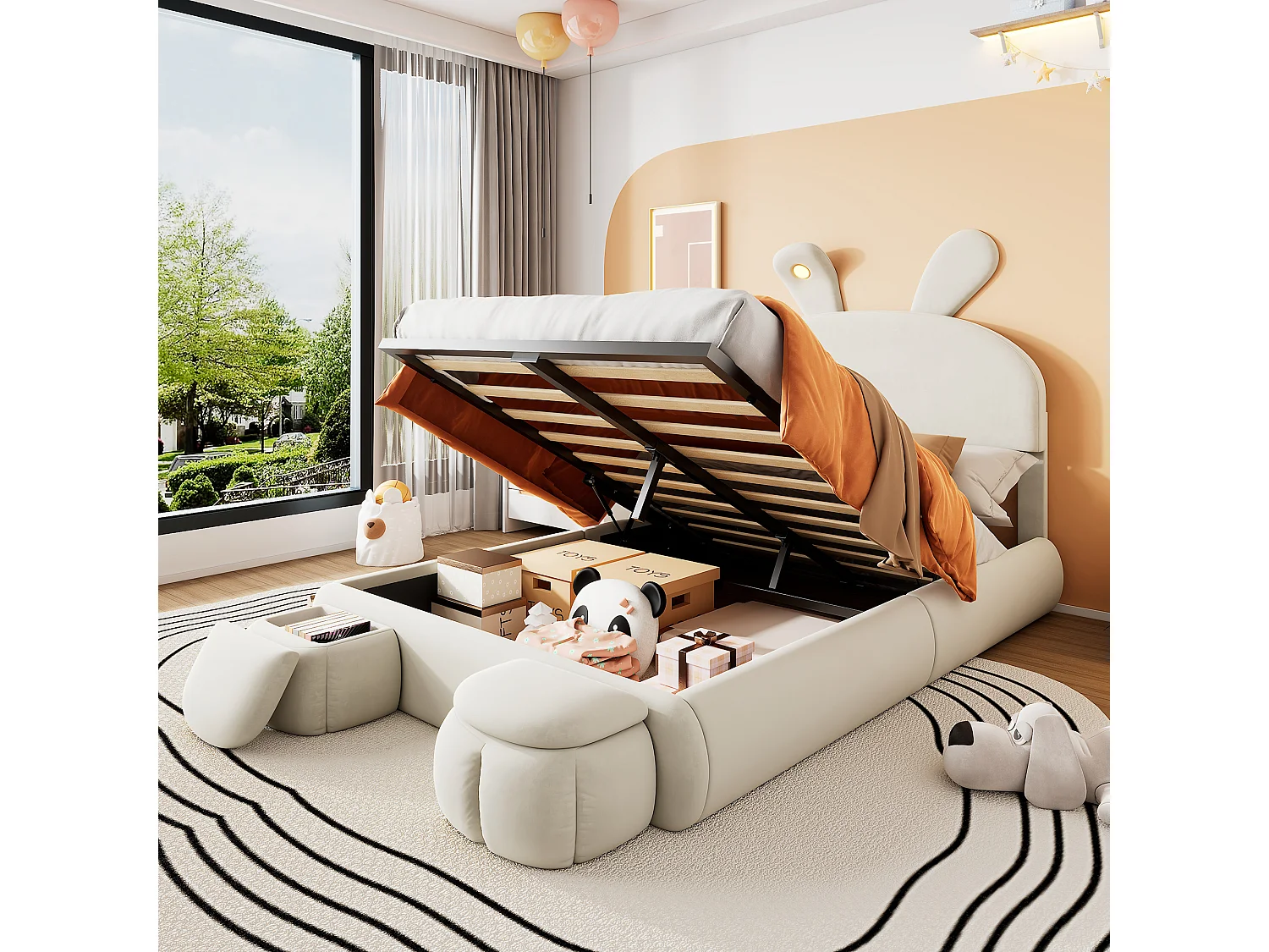 Lit Coffre 238x154x135 cm avec LED espace de rangement et deux tabourets de rangement Revêtement en velours en beige pour enfants et adolescents