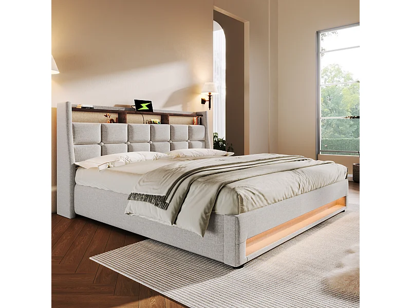 Opbergbed 210x145x117 cm met LED, USB, opbergruimte en beige matras voor kinderen, volwassenen en tieners