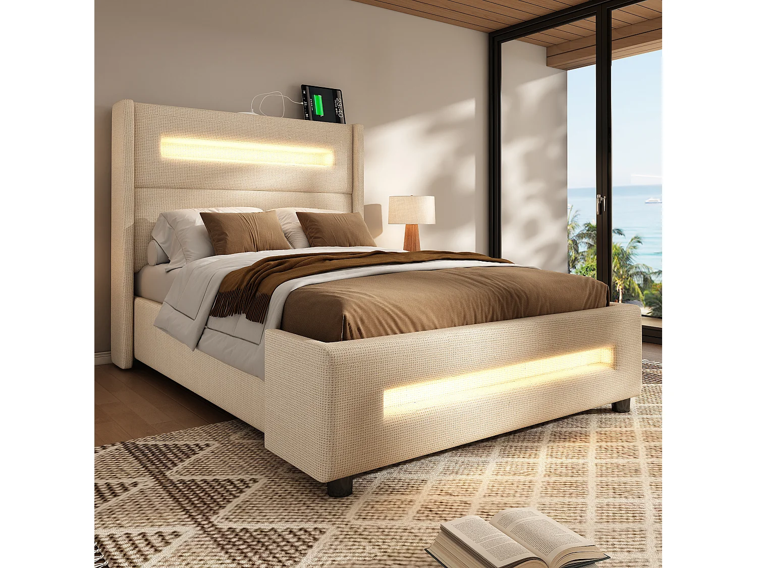 Opbergbed 218x104x122 cm met led-verlichting, USB-aansluiting en opbergruimte. Beige houten bedbodem en matras voor volwassenen, kinderen en tieners.