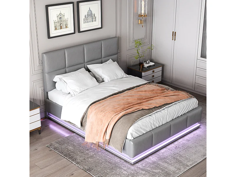 Lit Coffre 200.5x142x114 cm avec LED Espace de rangement Matériau MDF en gris pour adultes et adolescents