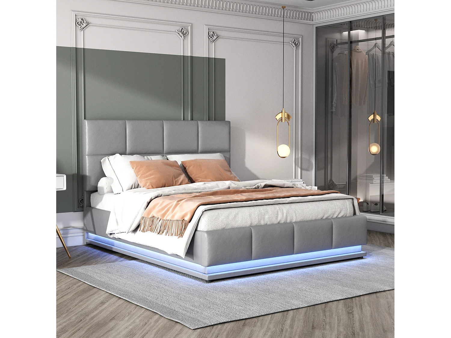 Lit Coffre 200.5x142x114 cm avec LED Espace de rangement Matériau MDF en gris pour adultes et adolescents