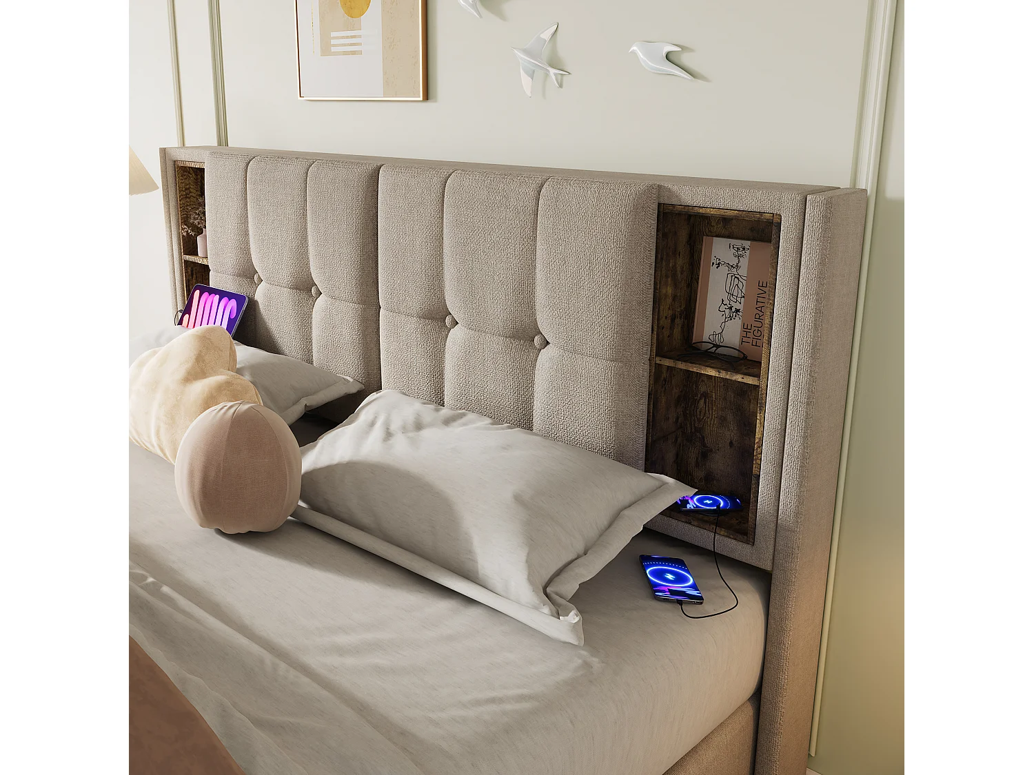 Lit Coffre 206x165x100.5 cm avec USB espace de rangement matelas Couleur naturelle pour enfants et adultes et adolescents