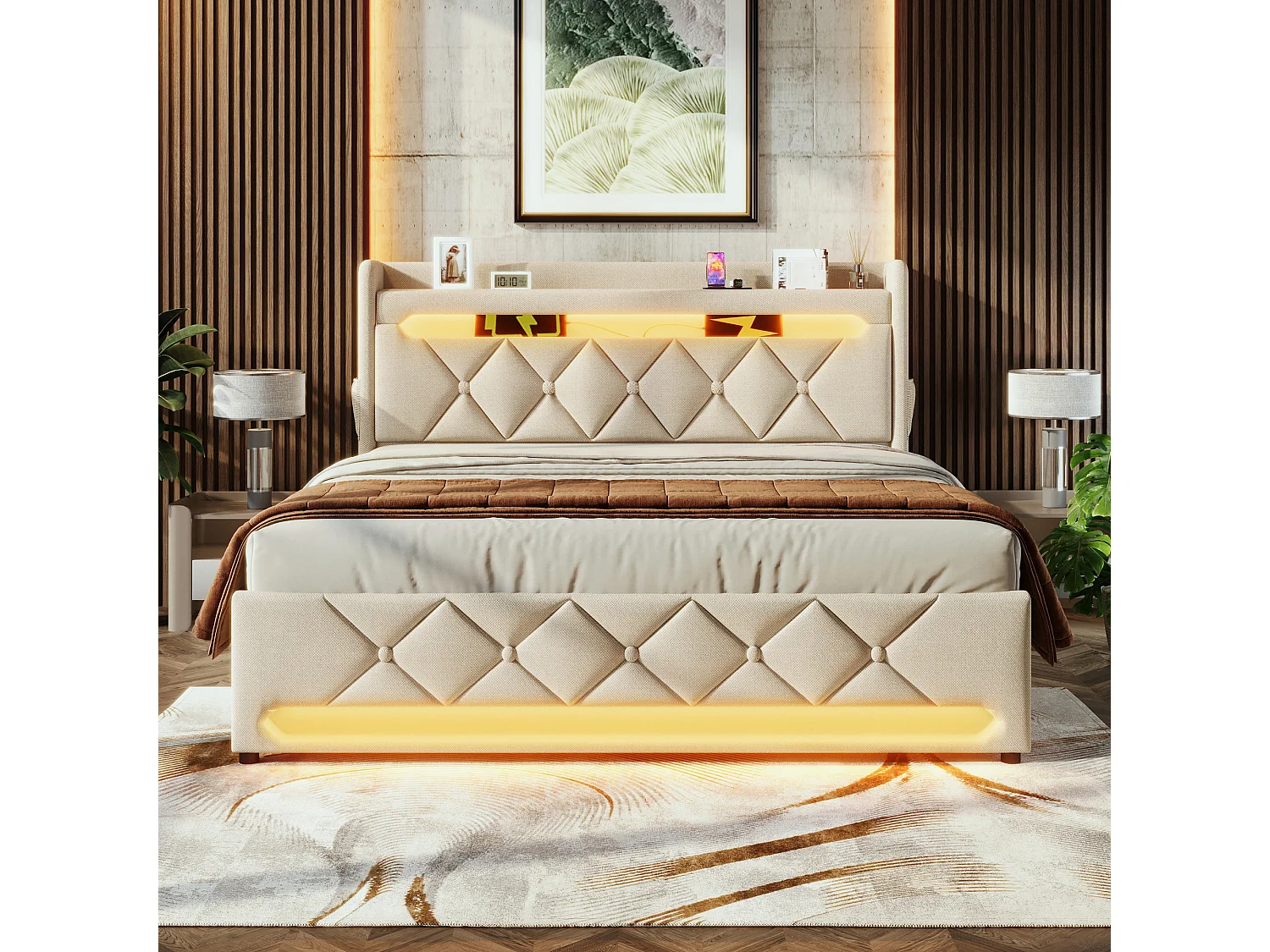 Opbergbed 225x146x111 cm met led-verlichting, USB-aansluiting en opbergruimte. Beige houten bedbodem en matras voor volwassenen, kinderen en tieners.