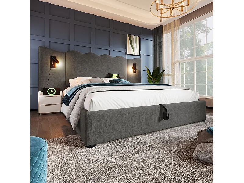 Lit Coffre 215X232X111 cm avec USB LED Espace de rangement Sommier à lattes en bois en gris pour adultes et enfants et adolescents