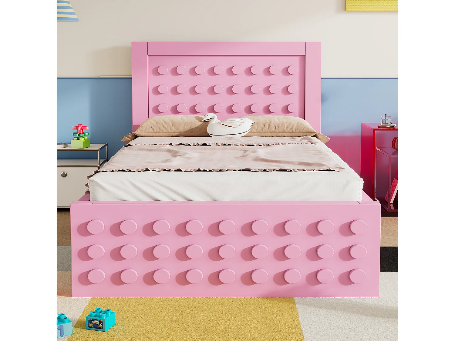 Opbergbed 210x95x90 cm met lade, opbergruimte en roze houten lattenbodem voor kinderen en tieners