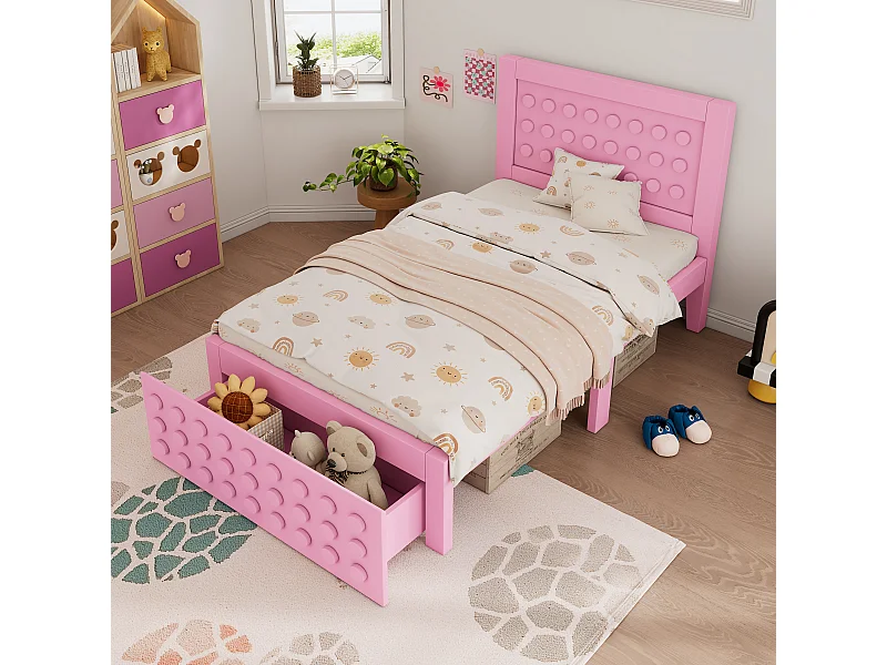Lit Coffre 210x95x90 cm avec Un tiroir espace de rangement sommier en bois en rose pour enfants et adolescents
