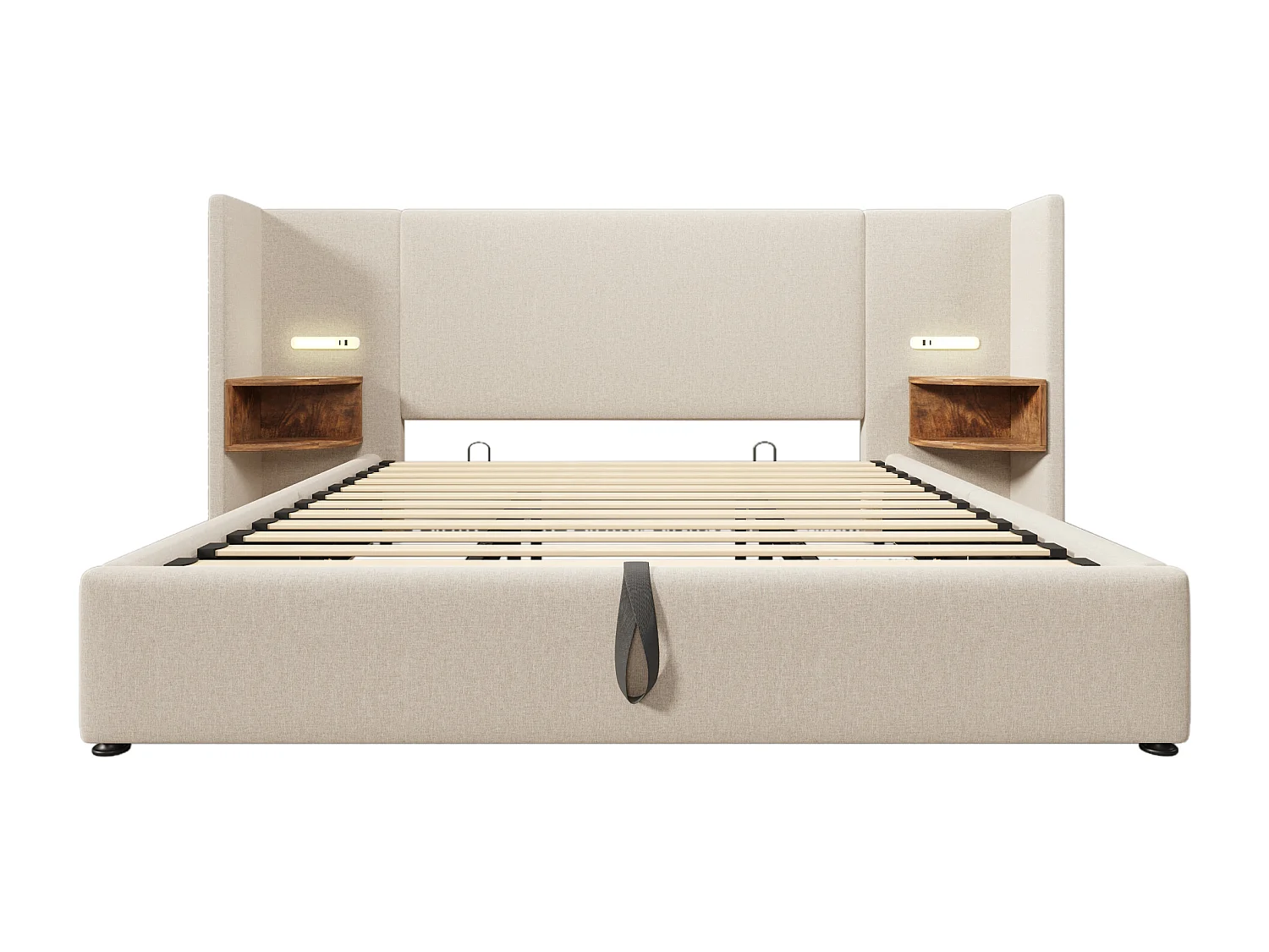 Lit Coffre 213X252X104 cm avec USB LED Espace de rangement Sommier à lattes en bois en beige pour adultes et enfants et adolescents