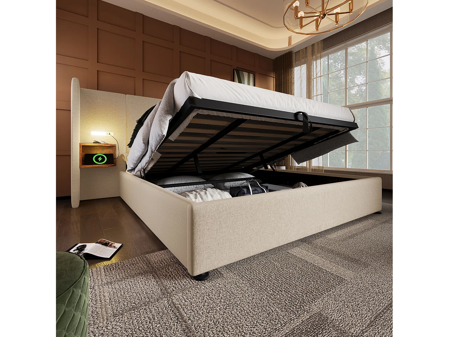 Lit Coffre 213X252X104 cm avec USB LED Espace de rangement Sommier à lattes en bois en beige pour adultes et enfants et adolescents