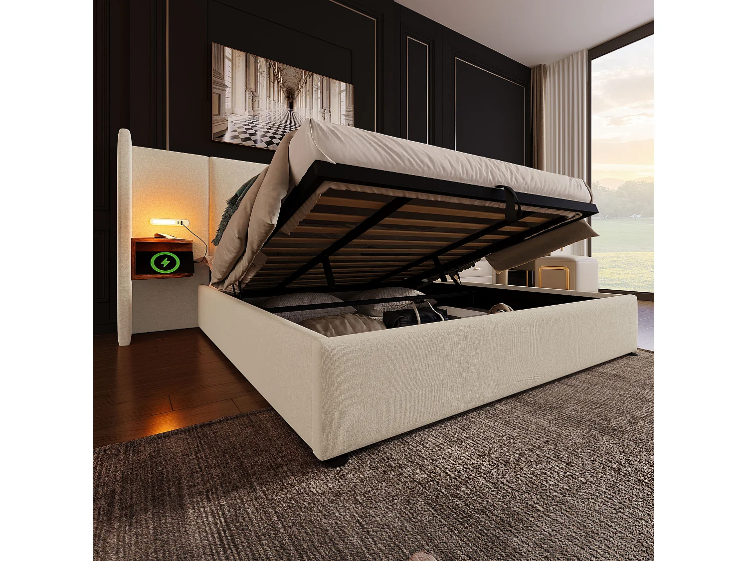 Lit Coffre 213X252X104 cm avec USB LED Espace de rangement Sommier à lattes en bois en beige pour adultes et enfants et adolescents