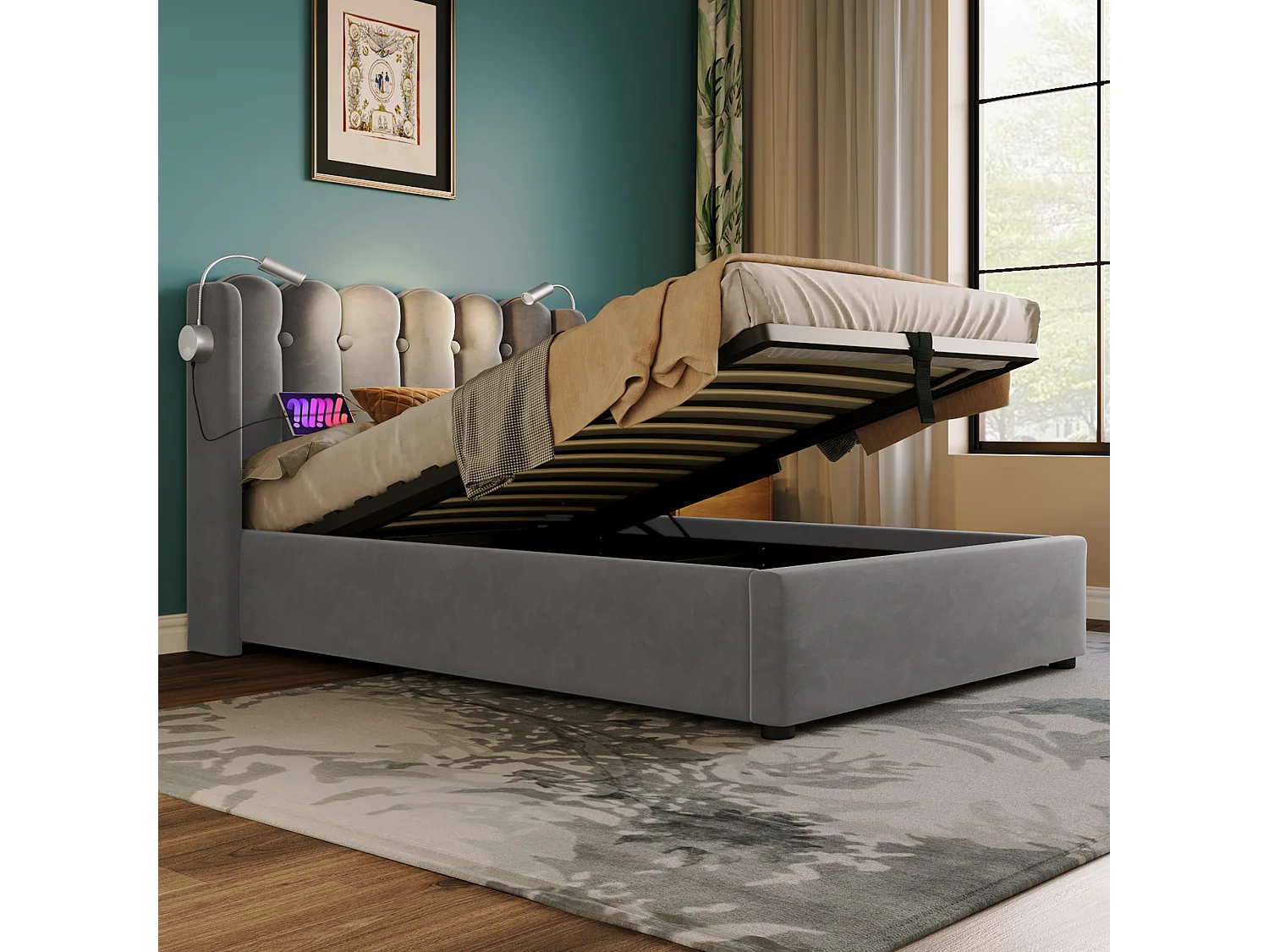 Lit Coffre 206x95x103 cm avec LED USB espace de rangement et matelas gris pour enfants et adultes et adolescents