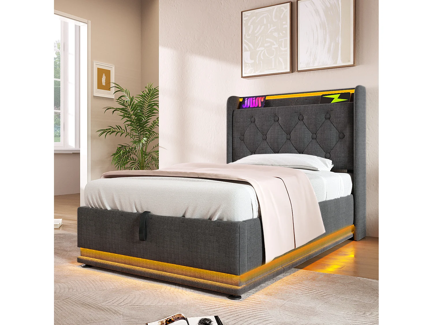 Lit Coffre 220x104x104 cm avec LED USB Espace de rangement Matelas Sommier à lattes en bois en gris pour enfants et adolescents