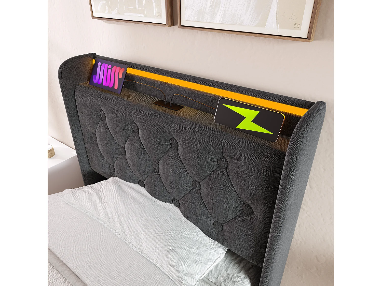 Lit Coffre 220x104x104 cm avec LED USB Espace de rangement Matelas Sommier à lattes en bois en gris pour enfants et adolescents