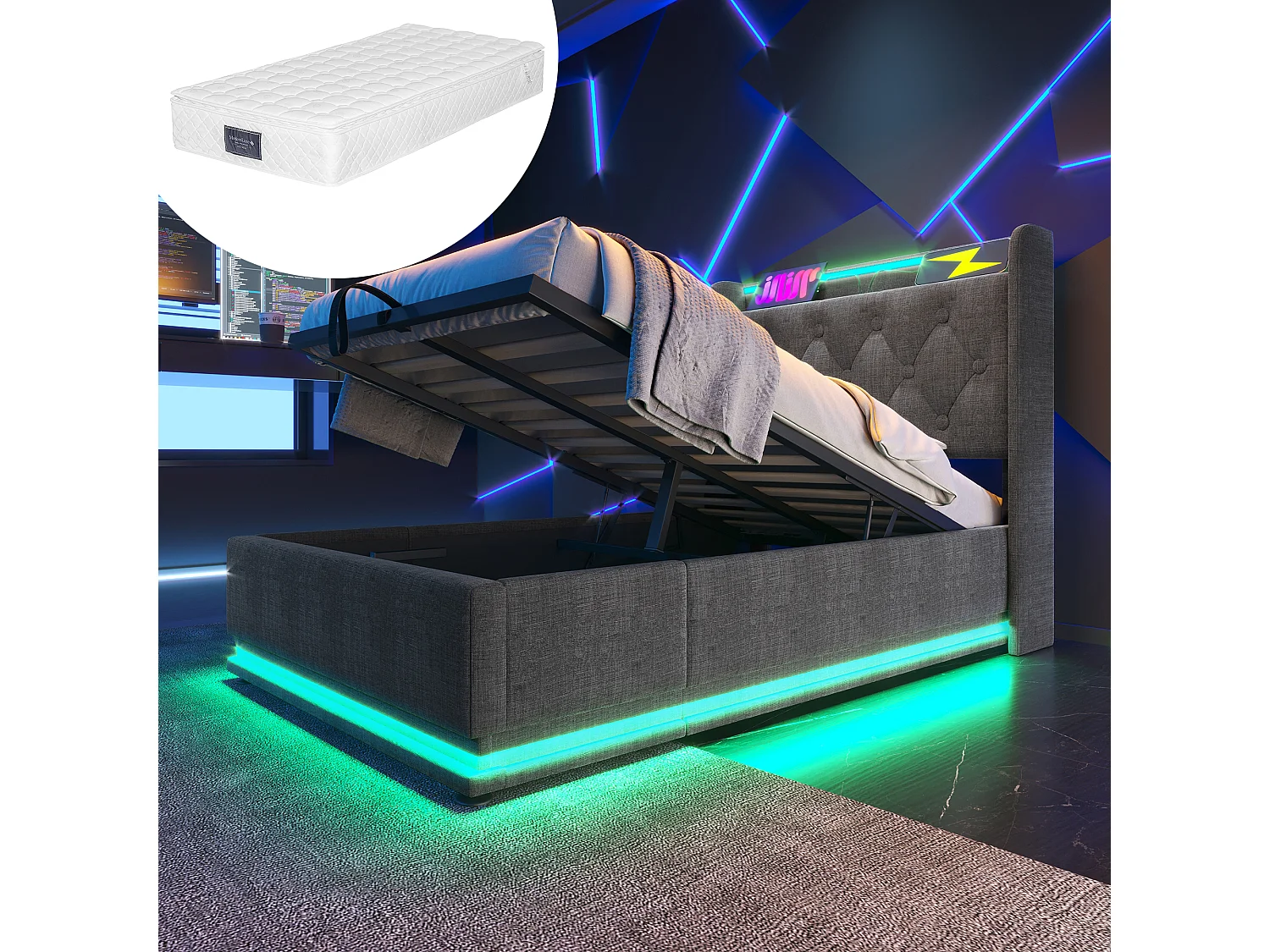 Lit Coffre 220x104x104 cm avec LED USB Espace de rangement Matelas Sommier à lattes en bois en gris pour enfants et adolescents