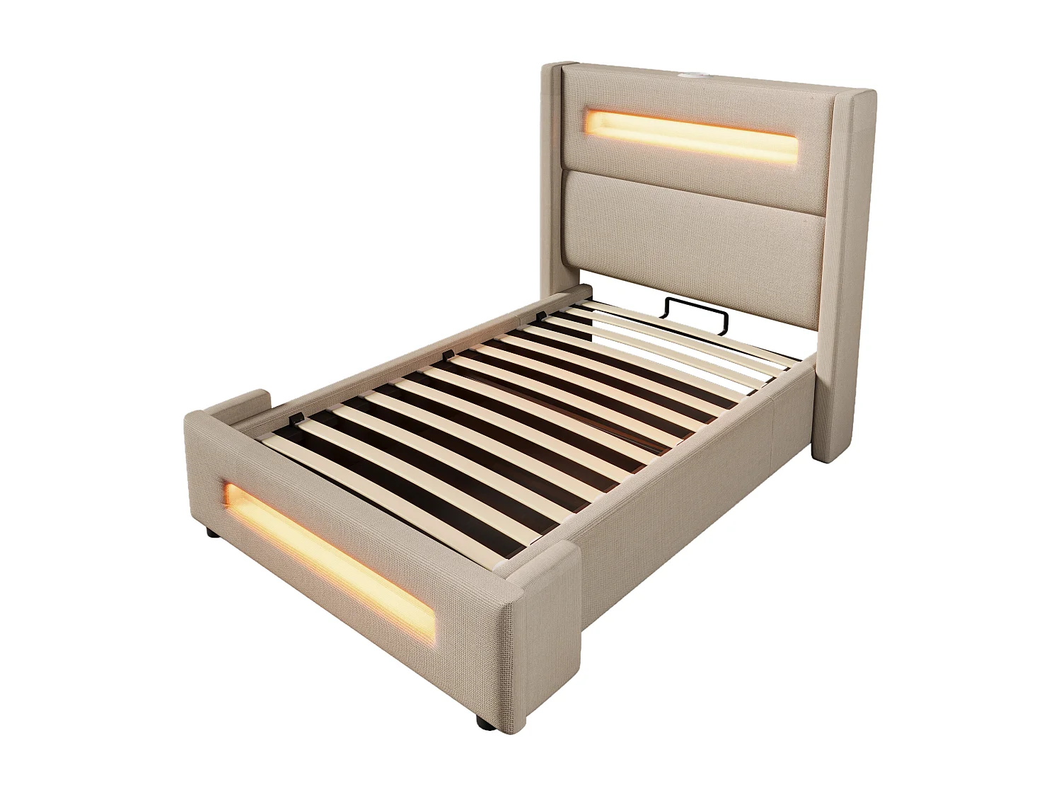 Opbergbed 218x104x122 cm met LED, USB, opbergruimte, houten lattenbodem in beige, geschikt voor volwassenen, kinderen en tieners
