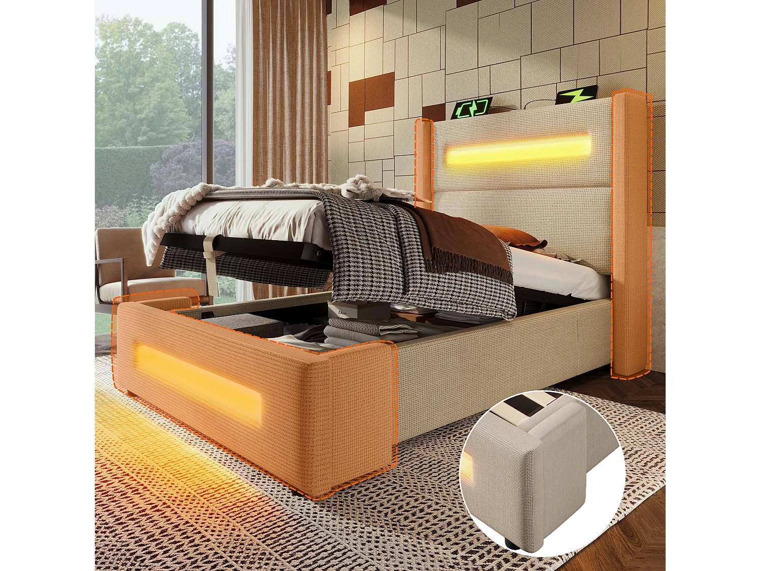 Opbergbed 218x104x122 cm met LED, USB, opbergruimte, houten lattenbodem in beige, geschikt voor volwassenen, kinderen en tieners