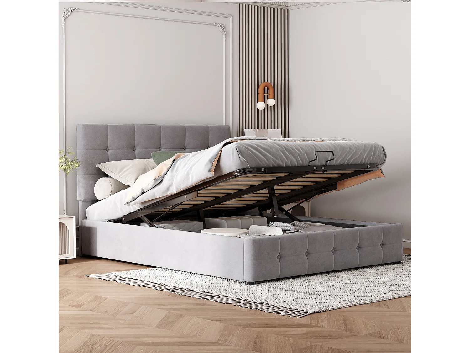 Lit Coffre 203c144.5c106 cm avec tête de lit rembourrée et réglable Espace de rangement en gris pour adultes et adolescents
