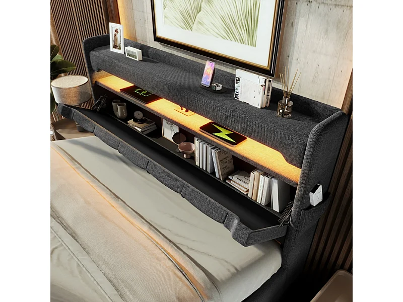 Lit Coffre 225x166x111 cm avec LED USB espace de rangement Matelas sommier en bois en gris pour adultes et enfants et adolescents