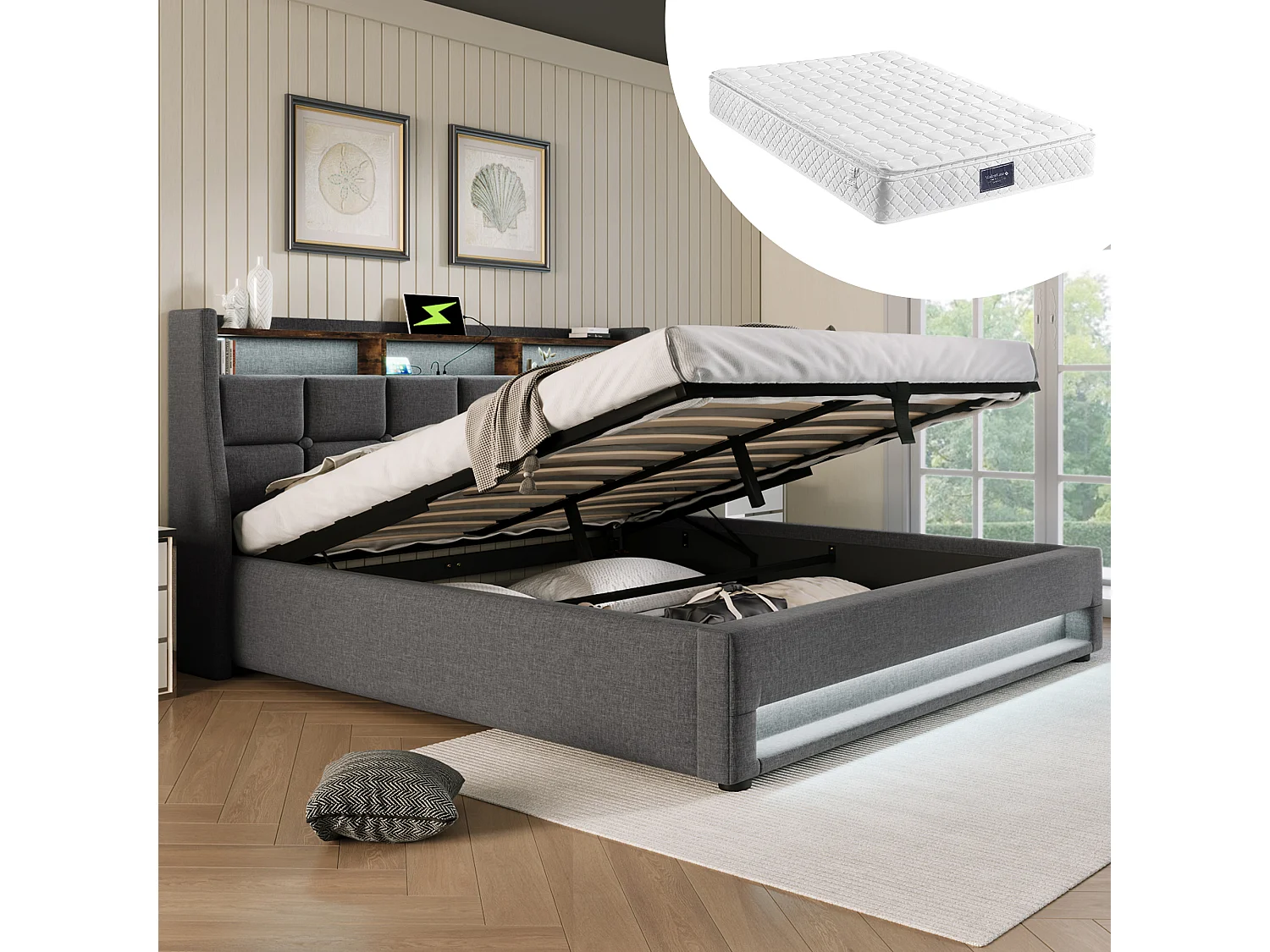 Lit Coffre 210x165x117 cm avec LED USB espace de rangement et matelas gris pour enfants et adultes et adolescents