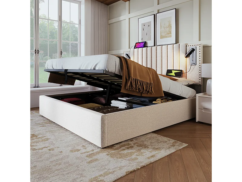 Lit Coffre 203x147x109 cm avec LED USB Espace de rangement Matelas Sommier à lattes en bois en beige pour adultes et enfants et adolescents