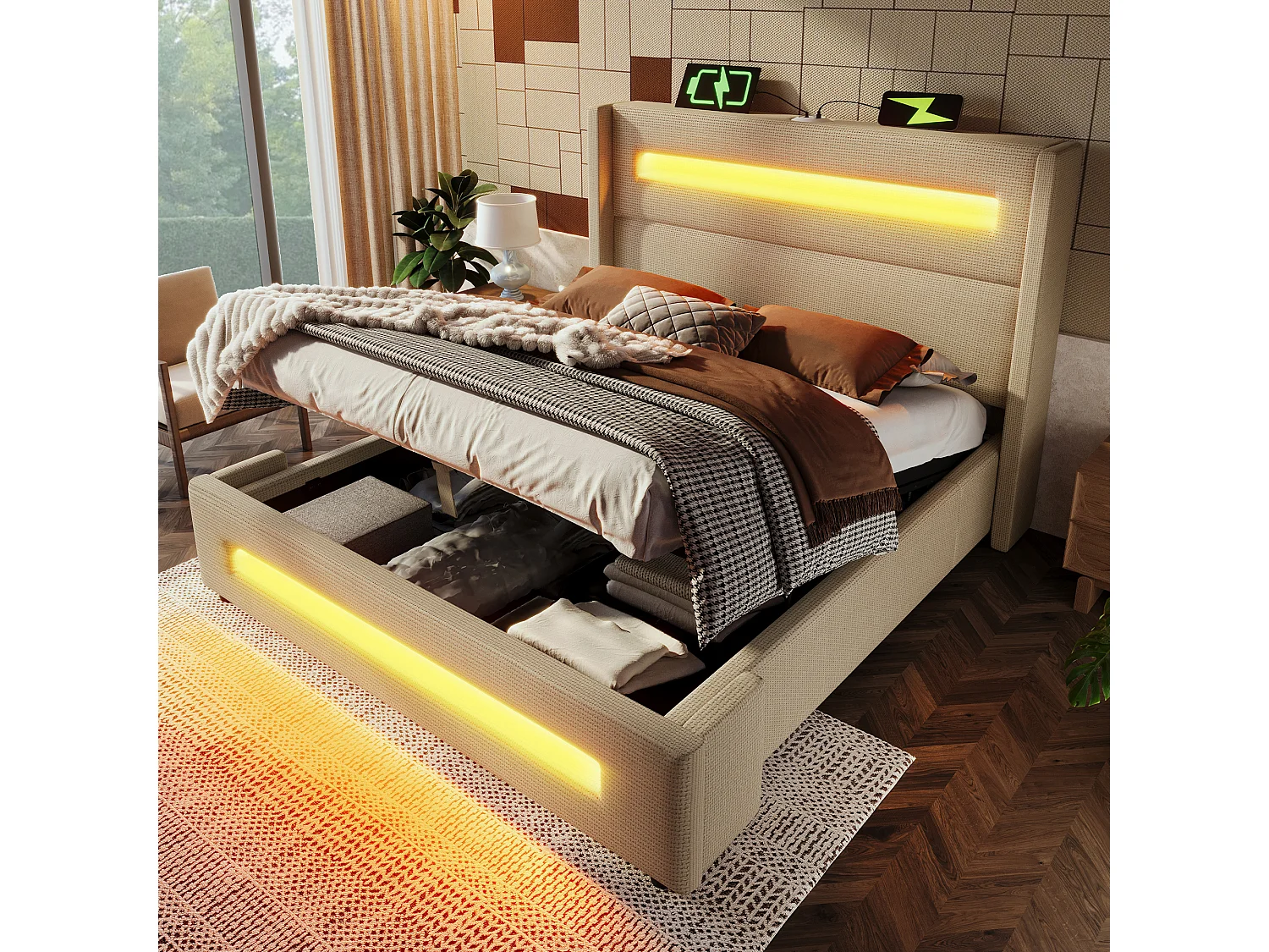 Lit Coffre 218x154x122 cm avec LED USB espace de rangement sommier en bois en beige pour adultes et enfants et adolescents