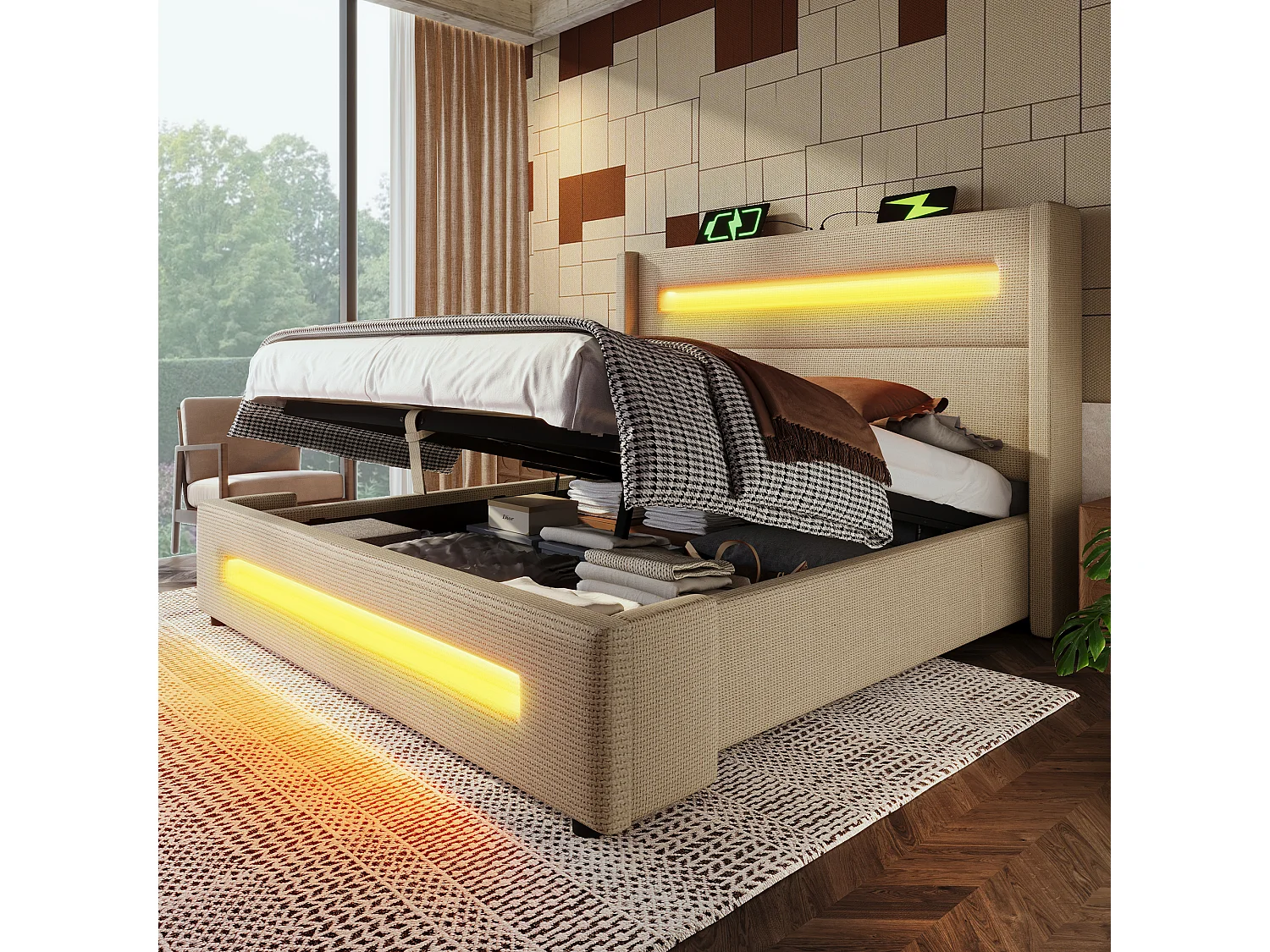 Opbergbed 218x154x122 cm met led-verlichting, USB-aansluiting en opbergruimte. Matras in beige, geschikt voor volwassenen, kinderen en tieners.