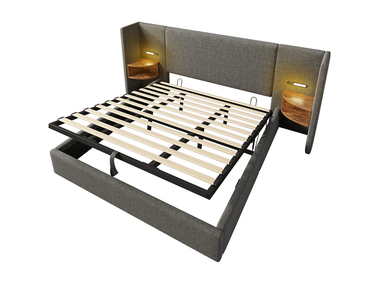 Lit Coffre 213X252X104 cm avec USB LED Espace de rangement Sommier à lattes en bois en noir pour adultes et enfants et adolescents