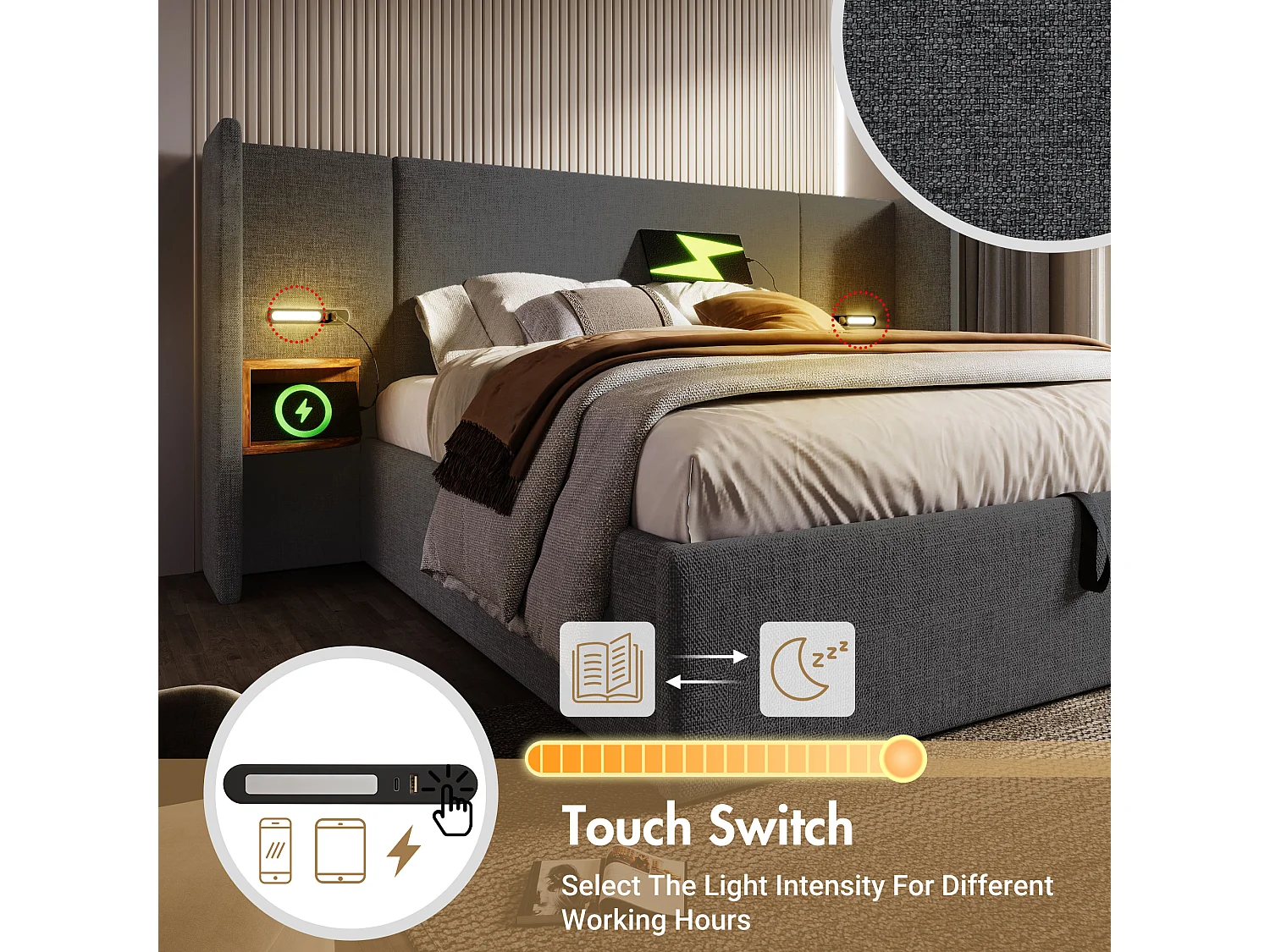 Lit Coffre 213X252X104 cm avec USB LED Espace de rangement Sommier à lattes en bois en noir pour adultes et enfants et adolescents