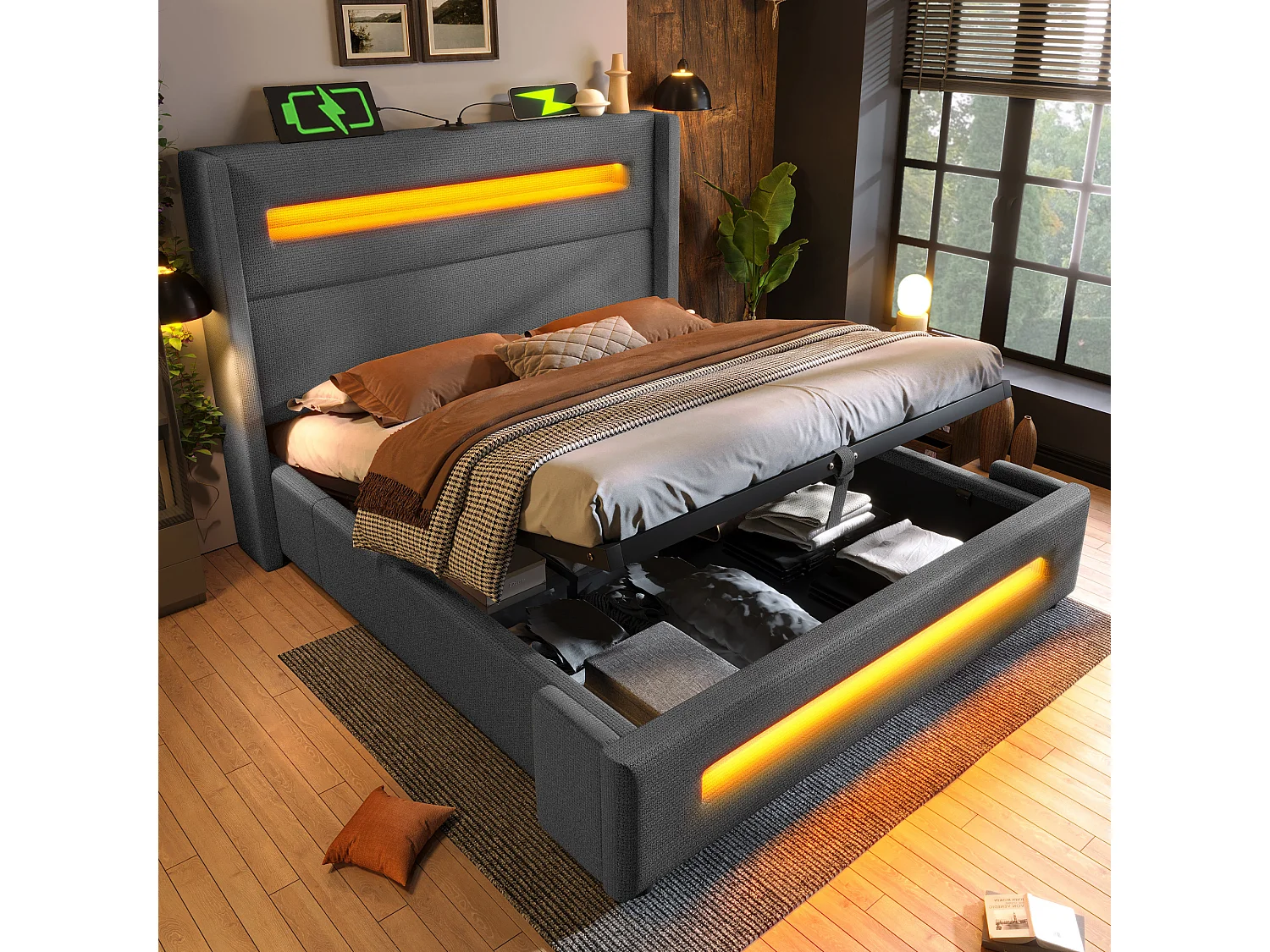 Lit Coffre 218x174x122 cm avec LED USB espace de rangement sommier en bois en gris pour adultes et enfants et adolescents