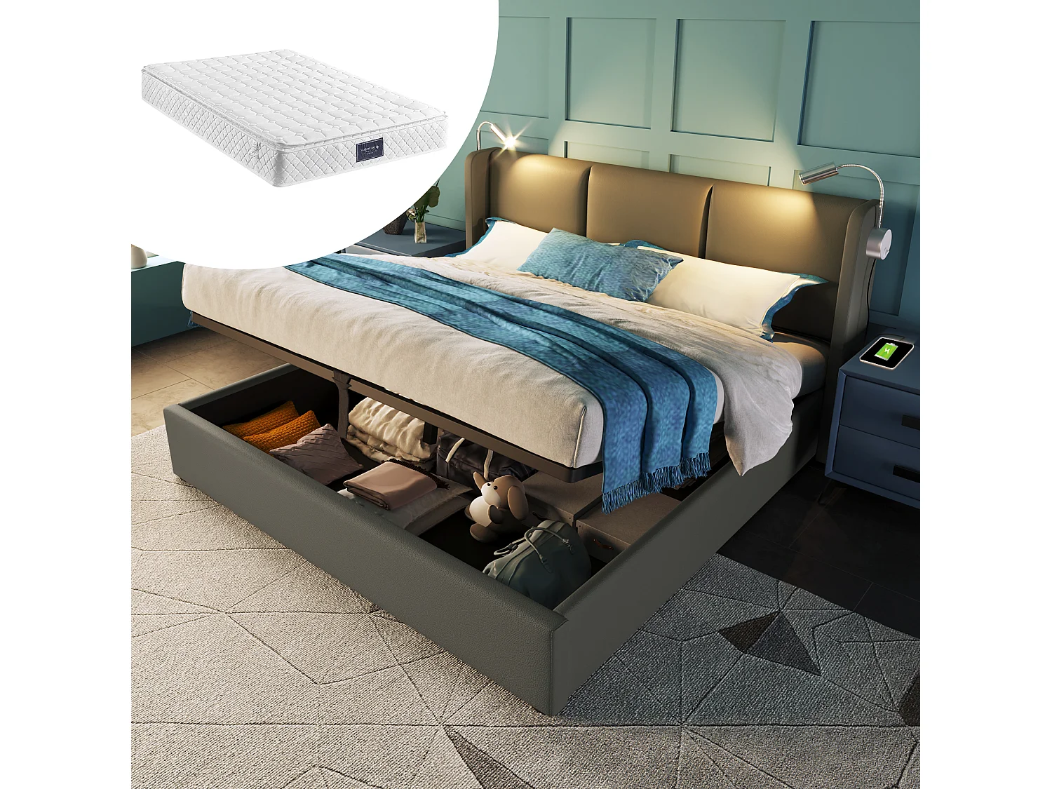 Opbergbed 206x165x107 cm met LED-verlichting, laadfunctie, opbergruimte, grijze matras voor volwassenen en tieners