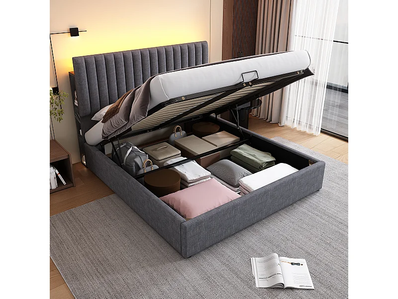 Lit Coffre 213x141x106 cm avec LED USB espace de rangement et matelas gris pour enfants et adultes et adolescents