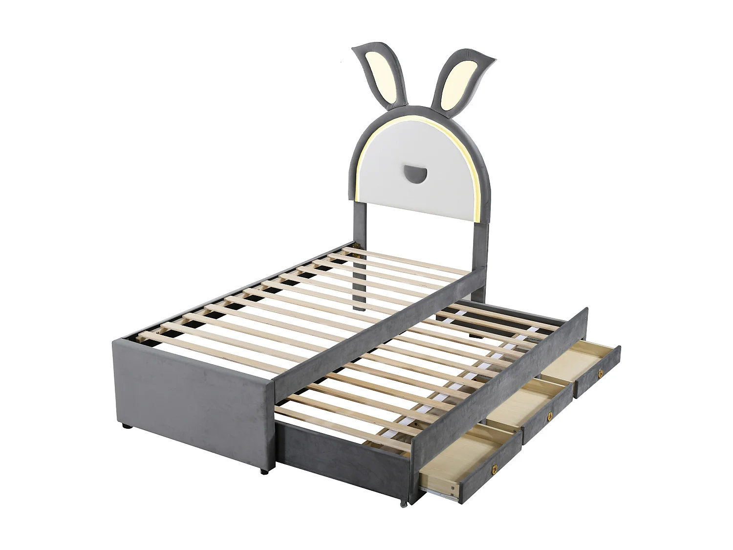 Lit enfant 200x90x167 cm avec LED lit gigogne et tiroirs de rangement en gris pour enfants et adolescents