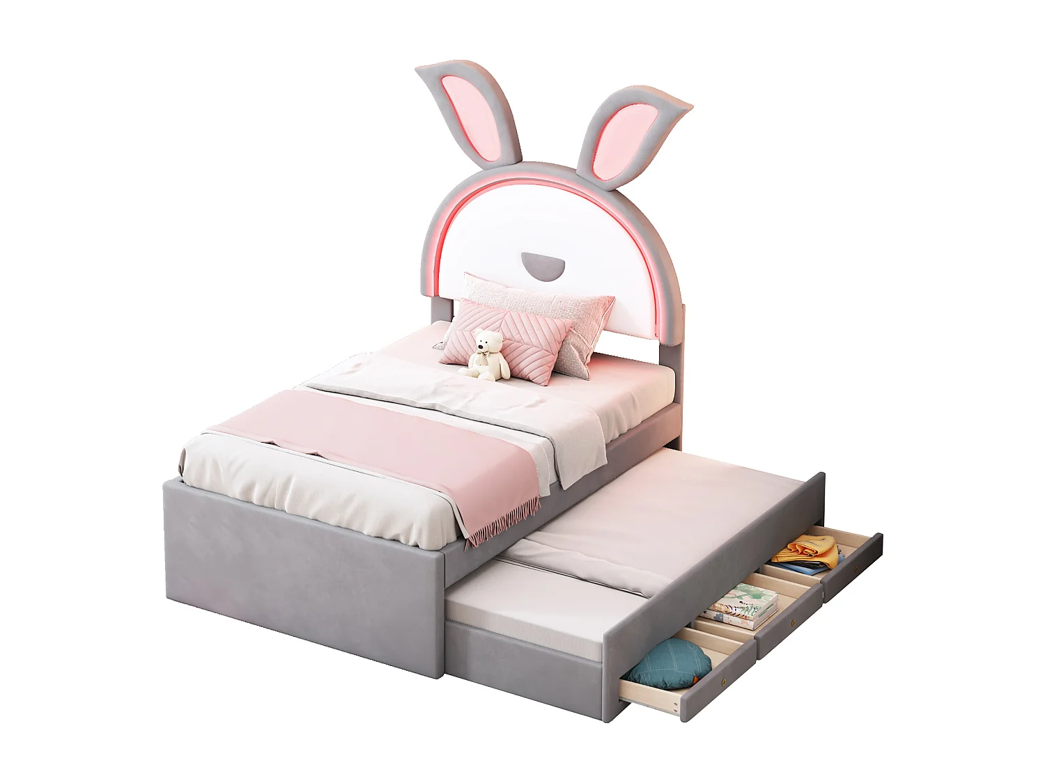 Lit enfant 90x200 avec lit gigogne, avec tiroirs de rangement, avec LED multicolore, MDF, gris (Sans matelas)