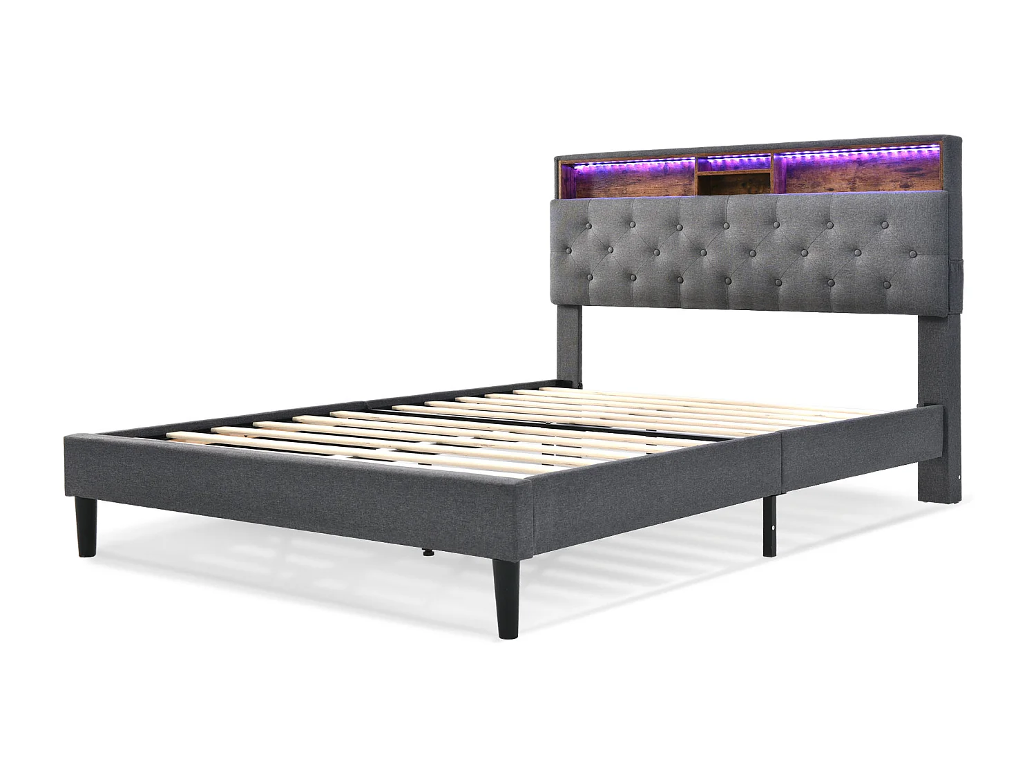 Lit double 214x149x113 cm avec LED Tête de lit avec rangement sommier à lattes en gris pour adultes et adolescents
