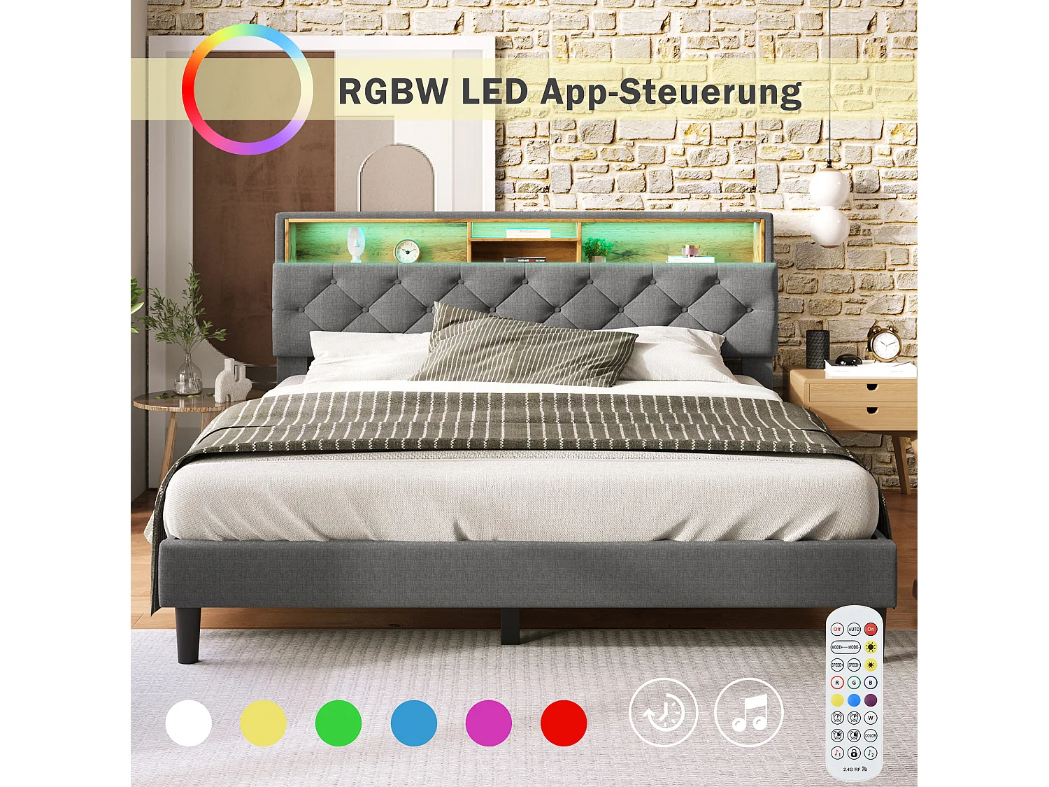 Lit double 214x149x113 cm avec LED Tête de lit avec rangement sommier à lattes en gris pour adultes et adolescents