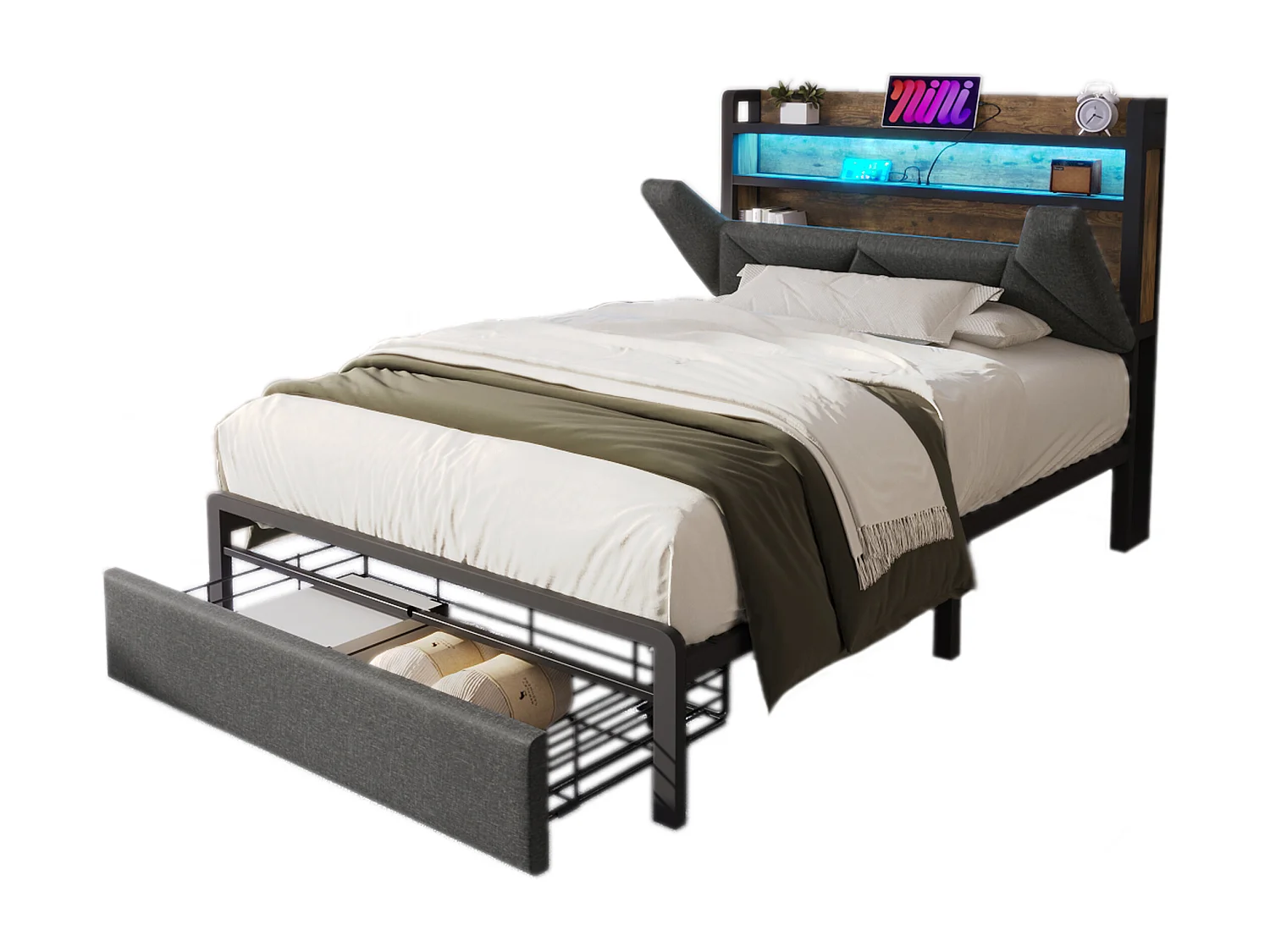 Lit adulte 90x200 cm avec tête de lit de rangement, prises USB et USB C, éclairage LED, tiroir en lin gris (Avec matelas)