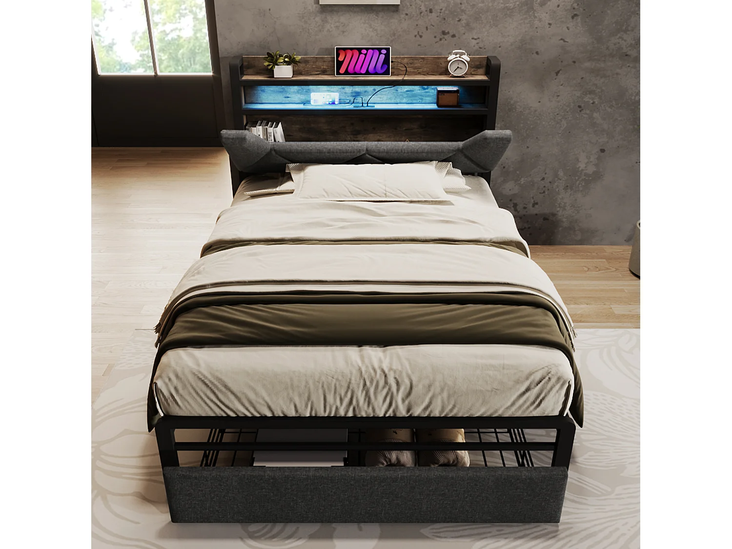 Lit adulte 90x200 cm avec tête de lit de rangement, prises USB et USB C, éclairage LED, tiroir en lin gris (Avec matelas)