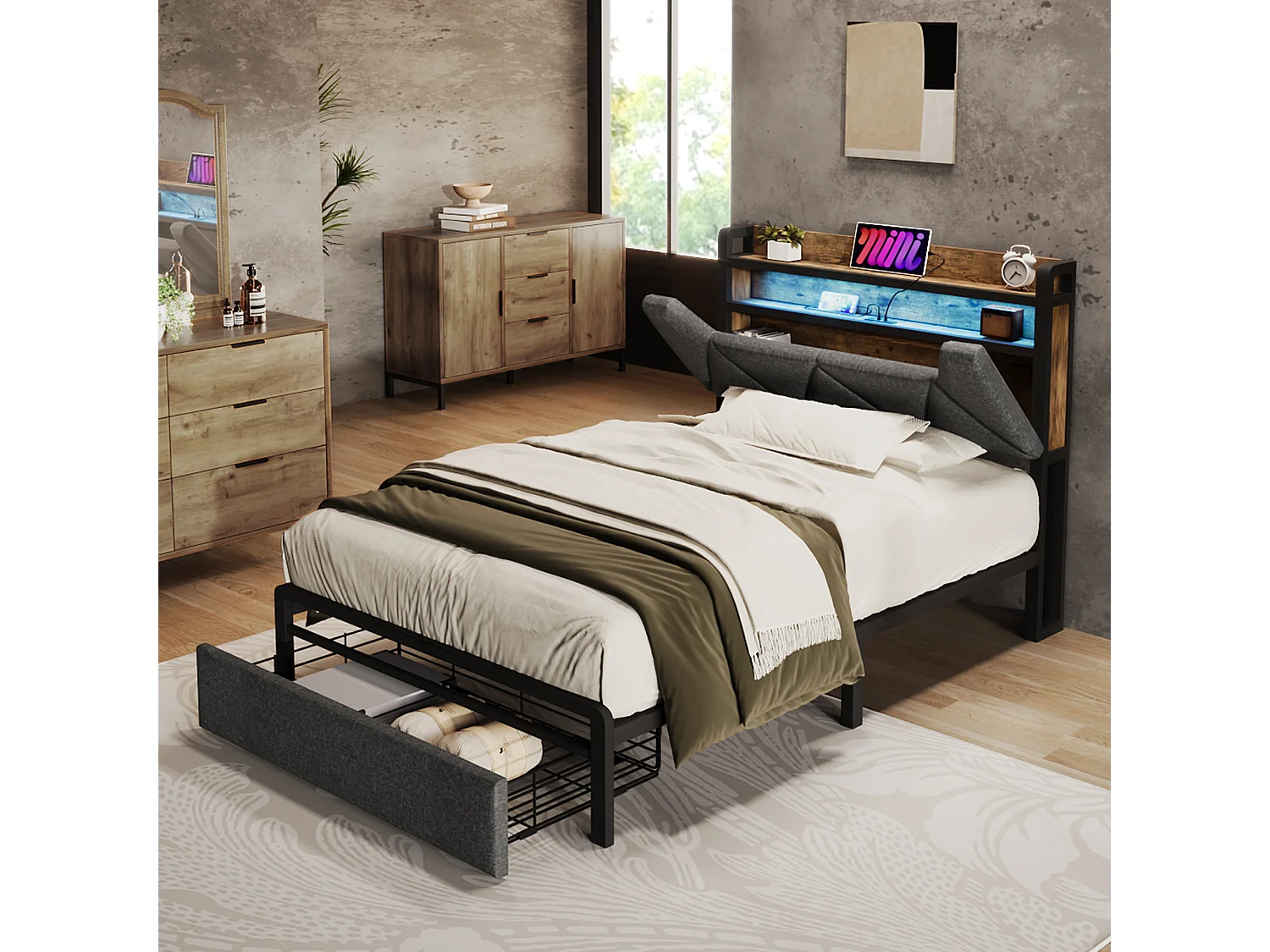 Lit adulte 90x200 cm avec tête de lit de rangement, prises USB et USB C, éclairage LED, tiroir en lin gris (Avec matelas)
